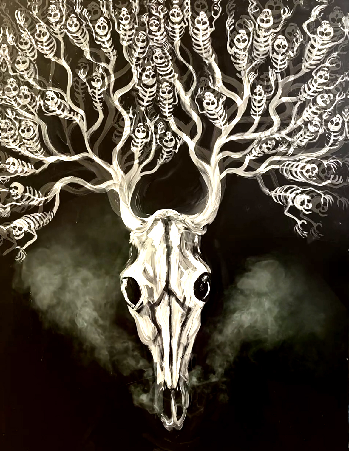 Painting of a deer skull with antlers of skeletons