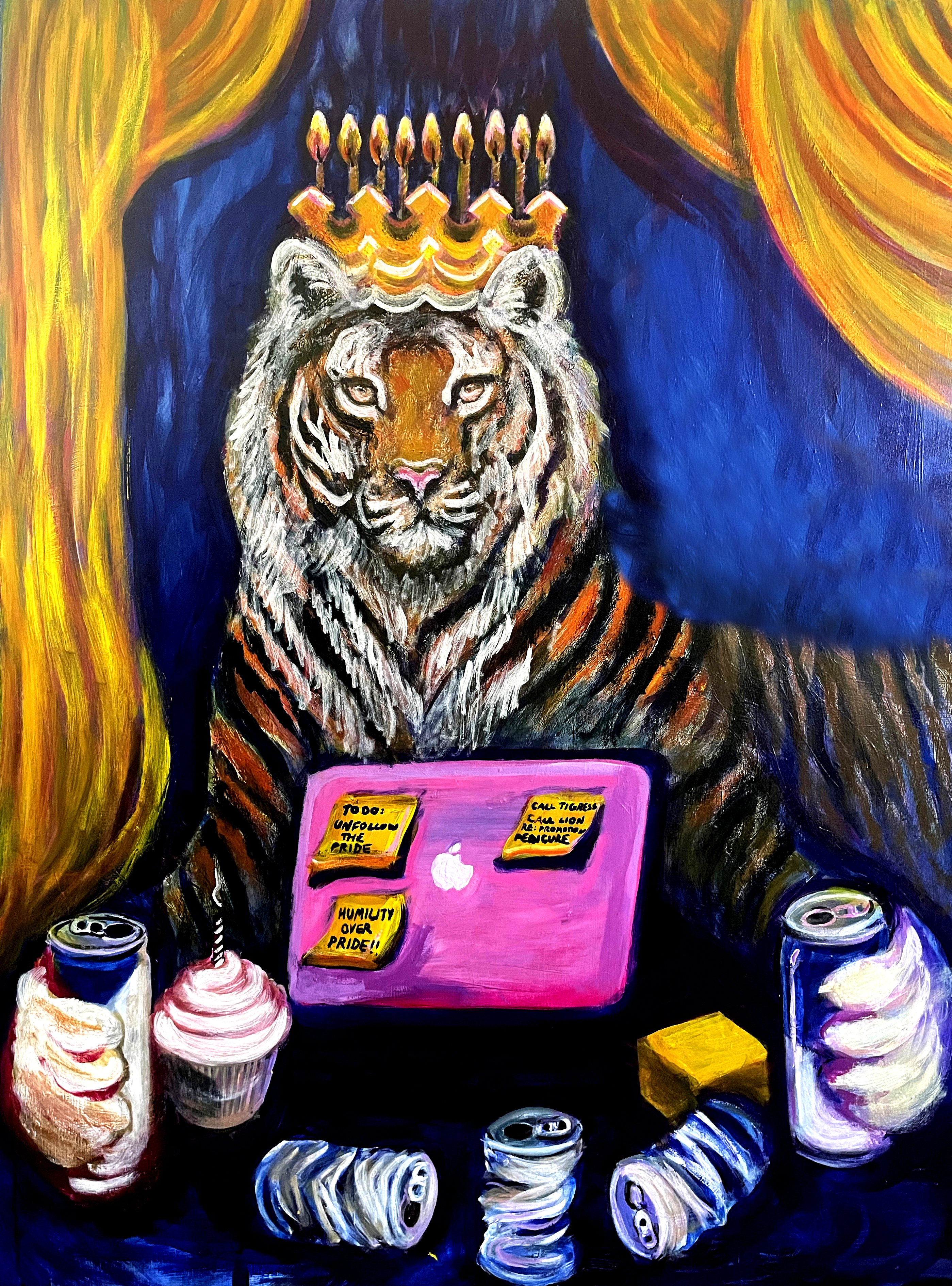 Painting of a surreal tiger in a crown of birthday candles at his MacBook drinking energy drinks.